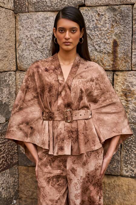 Dash And Dot Brown Polyester Embroidery Floral Jacquard Woven Cape And Pant Set at Aza Fashions Dash And Dot_Brown Polyester Embroidery Floral Jacquard Woven Cape And Pant Set _at_Aza_Fashions