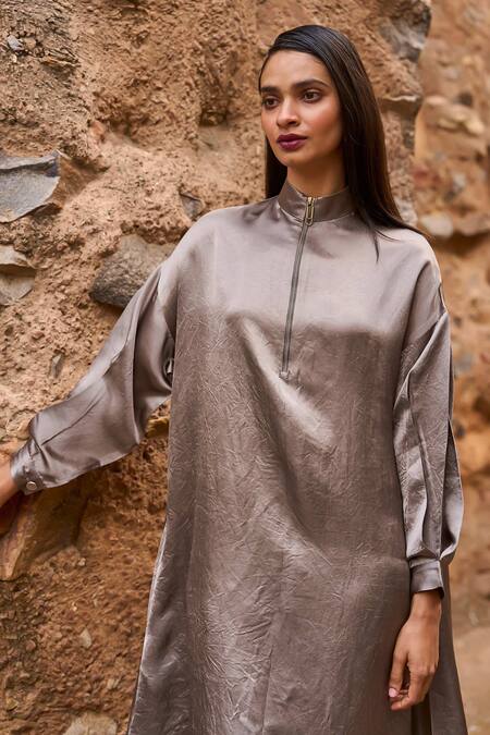 Dash And Dot Gray Tencel, Acrylic, Polyester Collared Grey A-line Shirt Dress Online at Aza Fashions Dash And Dot_Gray Tencel, Acrylic, Polyester Collared Grey A-line Shirt Dress _Online_at_Aza_Fashions