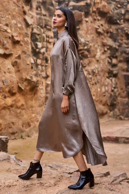 Dash And Dot Gray Tencel, Acrylic, Polyester Collared Grey A-line Shirt Dress at Aza Fashions Dash And Dot_Gray Tencel, Acrylic, Polyester Collared Grey A-line Shirt Dress _at_Aza_Fashions