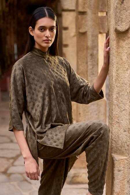 Dash And Dot Brown Polyester, Spandex Embroidery Bandeau Textured Knit Top And Tulip Pant Set at Aza Fashions Dash And Dot_Brown Polyester, Spandex Embroidery Bandeau Textured Knit Top And Tulip Pant Set _at_Aza_Fashions