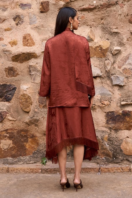 Shop_Dash And Dot_Brown Polyester Fringe Bandeau Neck Umber Jacquard Woven Shirt With _at_Aza_Fashions