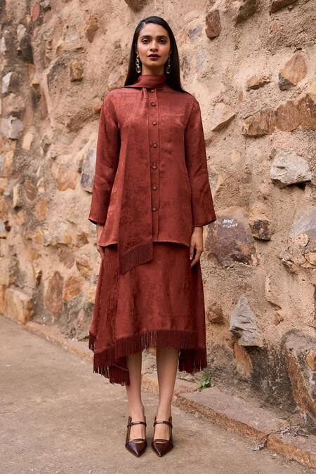 Dash And Dot_Brown Polyester Fringe Bandeau Neck Umber Jacquard Woven Shirt With _Online_at_Aza_Fashions