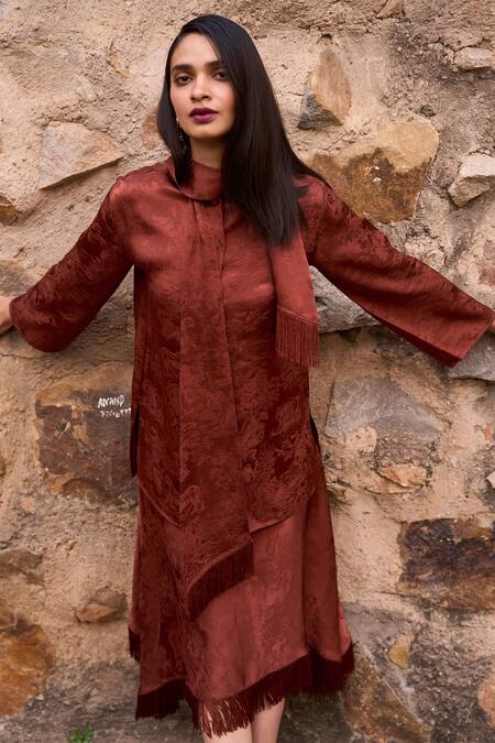 Shop_Dash And Dot_Brown Polyester Fringe Bandeau Neck Umber Jacquard Woven Shirt With _Online_at_Aza_Fashions