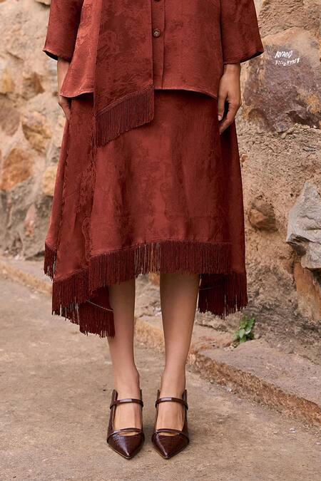 Dash And Dot Brown Polyester Fringe Umber Textured A-line Midi Skirt Online at Aza Fashions Dash And Dot_Brown Polyester Fringe Umber Textured A-line Midi Skirt _Online_at_Aza_Fashions