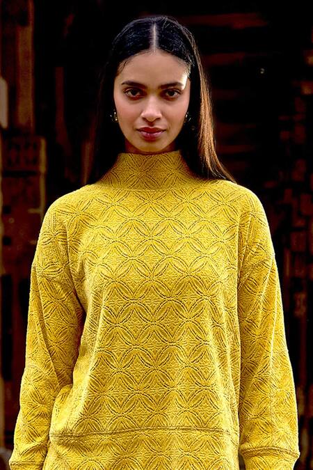 Dash And Dot_Yellow Nylon, Spandex Lace High Neck Knitted Embellished Top And Skirt Set _Online_at_Aza_Fashions