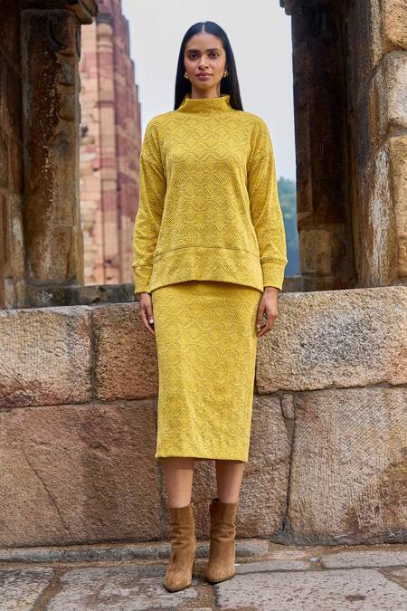 Shop_Dash And Dot_Yellow Nylon, Spandex Lace High Neck Knitted Embellished Top And Skirt Set _Online_at_Aza_Fashions