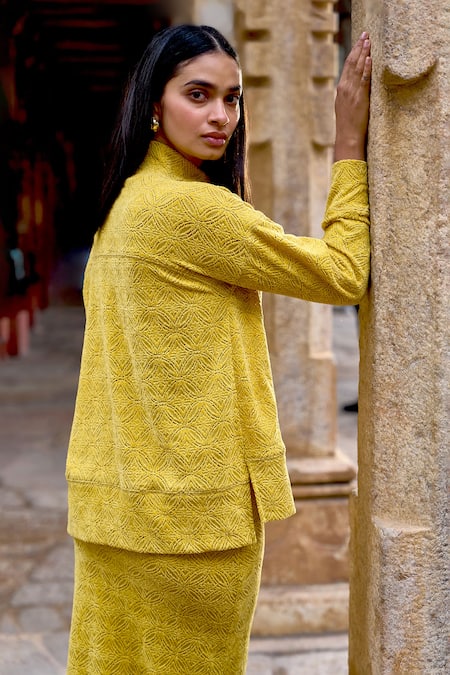 Dash And Dot_Yellow Nylon, Spandex Lace High Neck Knitted Embellished Top And Skirt Set _at_Aza_Fashions