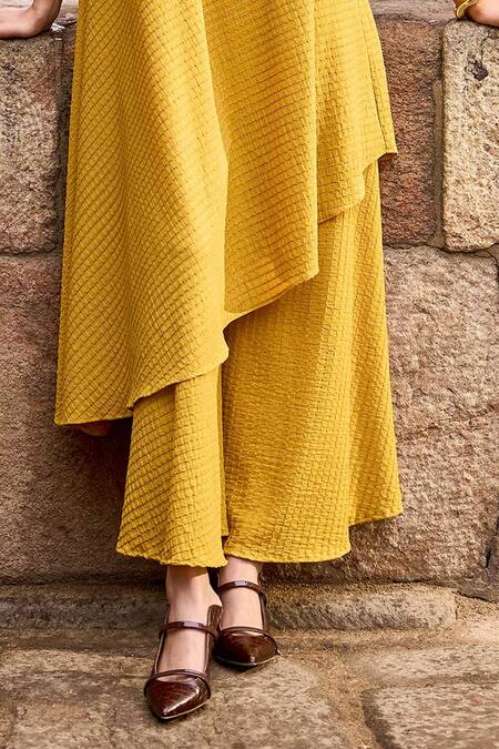 Dash And Dot Yellow Polyester, Spandex Asymmetric Textured One Shoulder Top And Pant Set Online at Aza Fashions Dash And Dot_Yellow Polyester, Spandex Asymmetric Textured One Shoulder Top And Pant Set _Online_at_Aza_Fashions