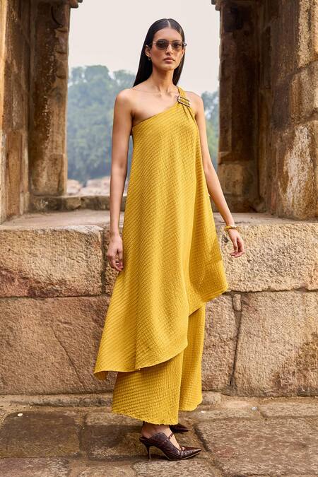Buy Dash And Dot Yellow Polyester, Spandex Asymmetric Textured One Shoulder Top And Pant Set Online at Aza Fashions Buy_Dash And Dot_Yellow Polyester, Spandex Asymmetric Textured One Shoulder Top And Pant Set _Online_at_Aza_Fashions