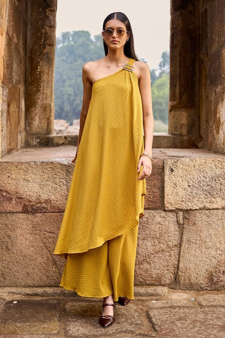 Shop Dash And Dot Yellow Polyester, Spandex Asymmetric Textured One Shoulder Top And Pant Set Online at Aza Fashions Shop_Dash And Dot_Yellow Polyester, Spandex Asymmetric Textured One Shoulder Top And Pant Set _Online_at_Aza_Fashions