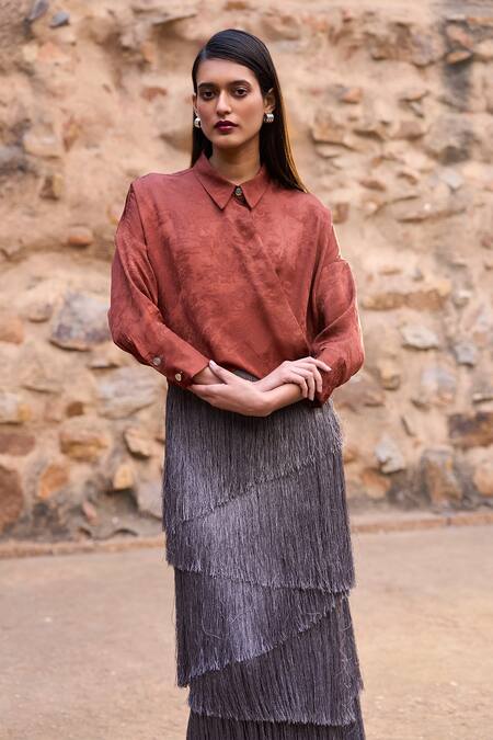 Dash And Dot_Brown Polyester Embroidery Collared Umber Textured Woven Overlapped Shirt _Online_at_Aza_Fashions