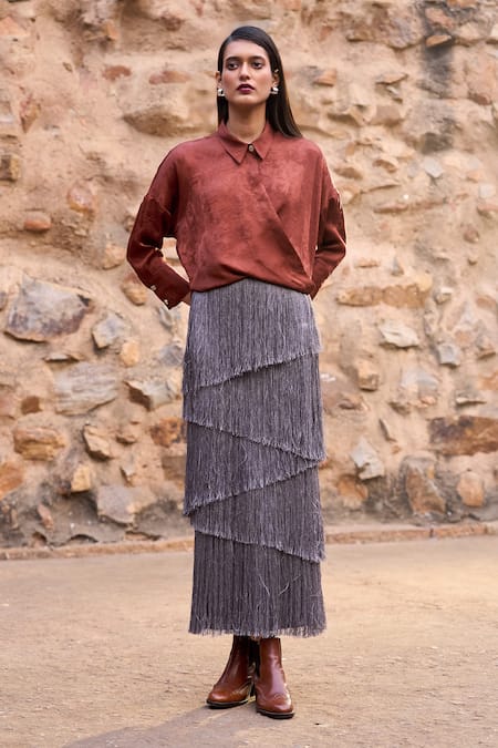 Buy_Dash And Dot_Brown Polyester Embroidery Collared Umber Textured Woven Overlapped Shirt _Online_at_Aza_Fashions