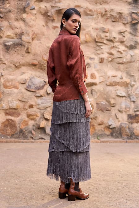 Shop_Dash And Dot_Gray Polyester, Cotton Fringe, Lace Grey Cascading Maxi Skirt _at_Aza_Fashions