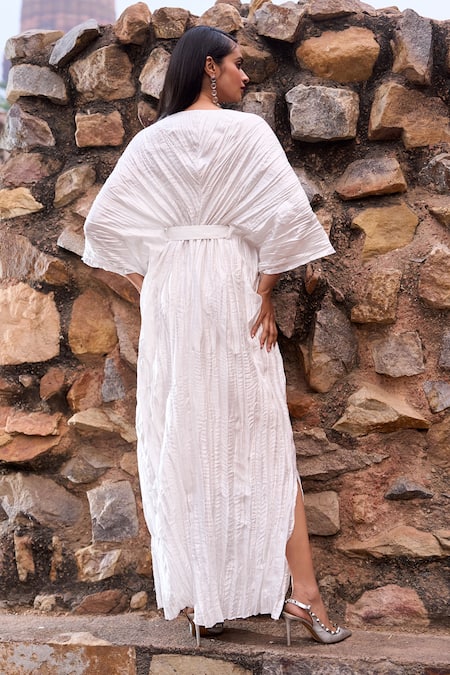 Shop_Dash And Dot_Ivory Polyester, Tencel V-neck Crushed Kaftan Dress _at_Aza_Fashions