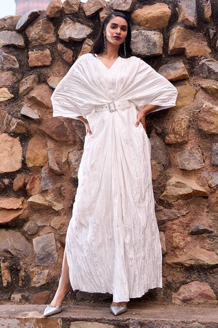 Buy_Dash And Dot_Ivory Polyester, Tencel V-neck Crushed Kaftan Dress _Online_at_Aza_Fashions