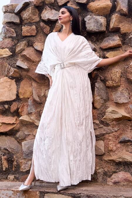Shop_Dash And Dot_Ivory Polyester, Tencel V-neck Crushed Kaftan Dress _Online_at_Aza_Fashions
