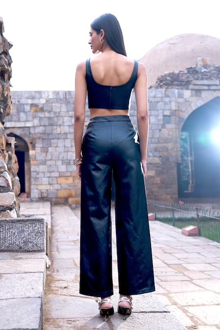 Shop_Dash And Dot_Black Cotton, Polyester Embroidery Square Neck Waxed Denim Corset And Pant Set _at_Aza_Fashions