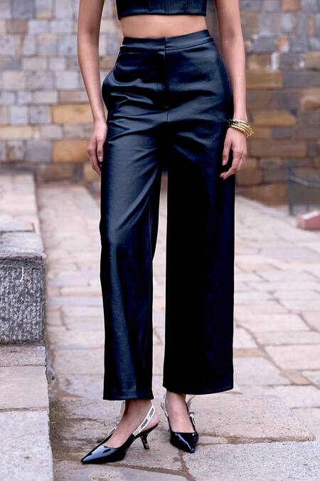 Dash And Dot_Black Cotton, Polyester Embroidery Square Neck Waxed Denim Corset And Pant Set _Online_at_Aza_Fashions