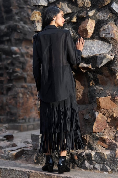 Shop Dash And Dot Black Polyester Fringe Midi Skirt With Cascading at Aza Fashions Shop_Dash And Dot_Black Polyester Fringe Midi Skirt With Cascading _at_Aza_Fashions