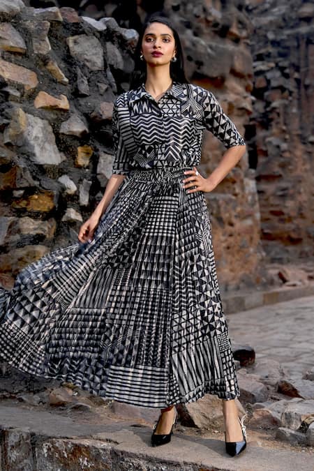 Shop Dash And Dot Multi Color Polyester Collared Tribal Print Shimmer Shirt And Skirt Set at Aza Fashions Shop_Dash And Dot_Multi Color Polyester Collared Tribal Print Shimmer Shirt And Skirt Set _at_Aza_Fashions