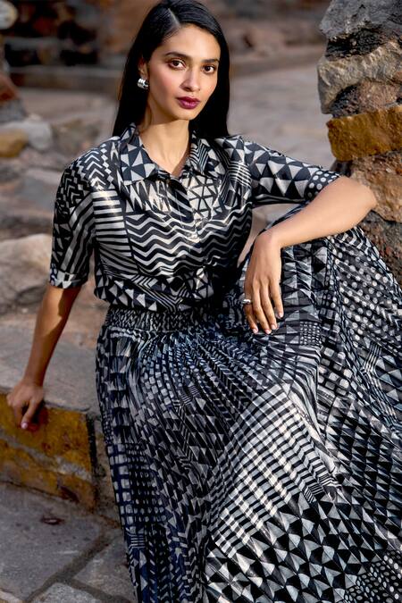 Buy Dash And Dot Multi Color Polyester Collared Tribal Print Shimmer Shirt And Skirt Set Online at Aza Fashions Buy_Dash And Dot_Multi Color Polyester Collared Tribal Print Shimmer Shirt And Skirt Set _Online_at_Aza_Fashions