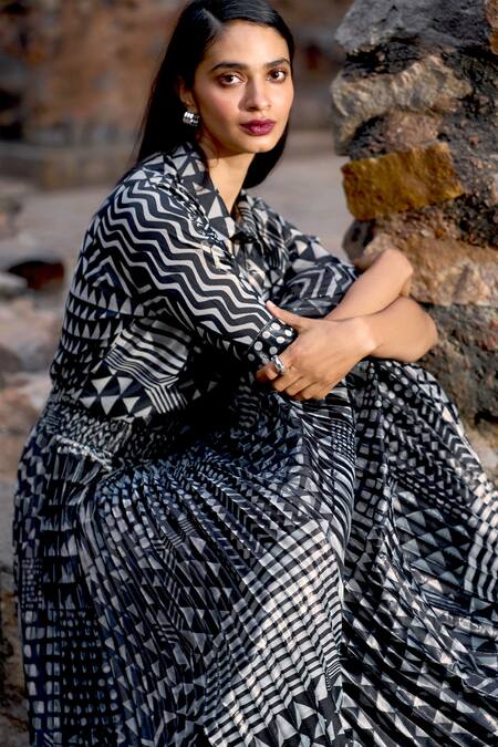 Shop Dash And Dot Multi Color Polyester Collared Tribal Print Shimmer Shirt And Skirt Set Online at Aza Fashions Shop_Dash And Dot_Multi Color Polyester Collared Tribal Print Shimmer Shirt And Skirt Set _Online_at_Aza_Fashions