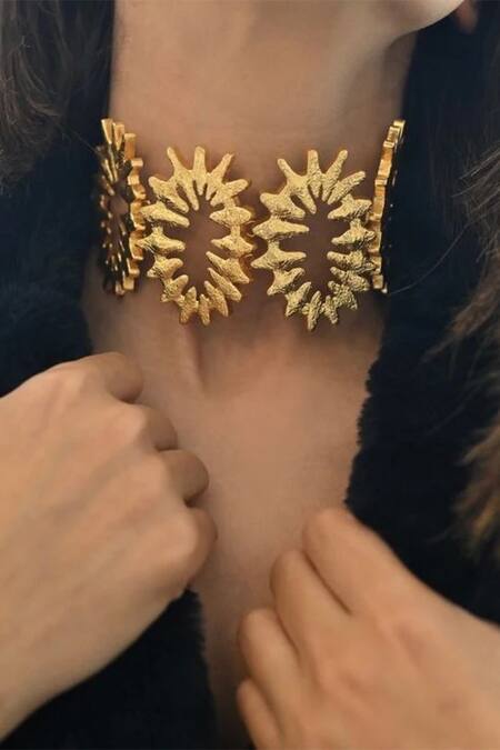 Shop_Eurumme_Gold Plated Tribal Wild Flower Choker_at_Aza_Fashions