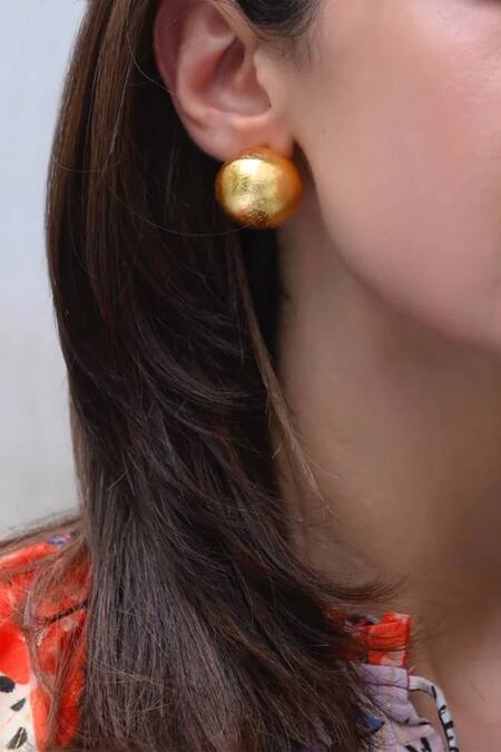 Shop Eurumme Gold Plated Globe Spherical Stud Earrings at Aza Fashions Shop_Eurumme_Gold Plated Globe Spherical Stud Earrings_at_Aza_Fashions