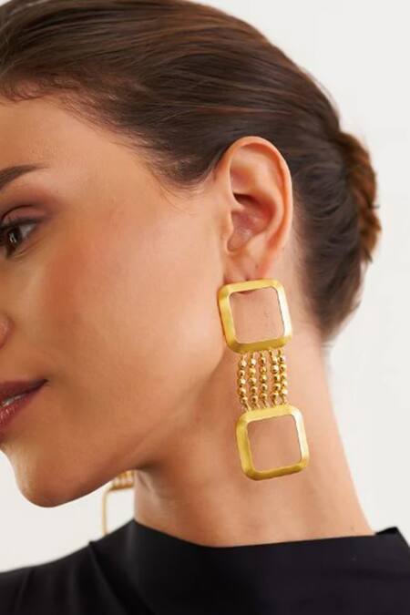 Shop Eurumme Gold Plated Glossy Sphere Detailed Dangler Earrings at Aza Fashions Shop_Eurumme_Gold Plated Glossy Sphere Detailed Dangler Earrings_at_Aza_Fashions