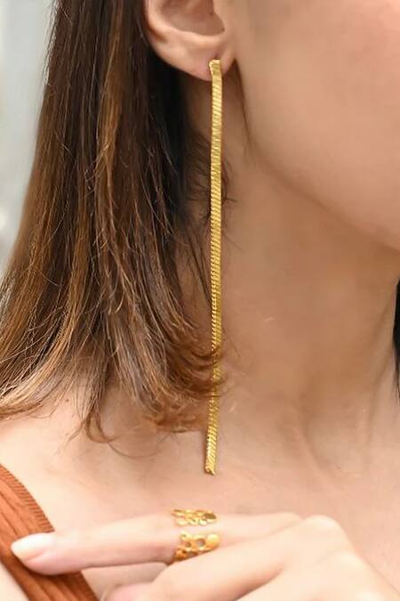 Shop Eurumme Gold Plated Long Duster Earrings at Aza Fashions Shop_Eurumme_Gold Plated Long Duster Earrings_at_Aza_Fashions