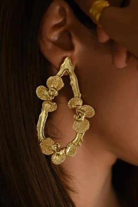 Eurumme Gold Plated Dewdrop Floral Carved Earrings Online at Aza Fashions Eurumme_Gold Plated Dewdrop Floral Carved Earrings_Online_at_Aza_Fashions