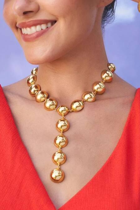 Eurumme_Gold Plated Y-shape Hemisphere Pattern Long Necklace_Online_at_Aza_Fashions