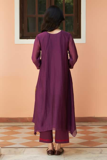 Shop Vaayu Purple Muslin Embroidery Round Neck Kurta Set With Pant at Aza Fashions Shop_Vaayu_Purple Muslin Embroidery Round Neck Kurta Set With Pant _at_Aza_Fashions