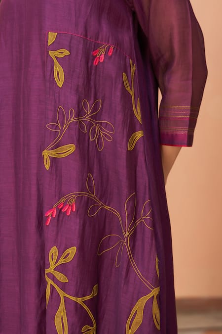 Shop Vaayu Purple Muslin Embroidery Round Neck Kurta Set With Pant Online at Aza Fashions Shop_Vaayu_Purple Muslin Embroidery Round Neck Kurta Set With Pant _Online_at_Aza_Fashions