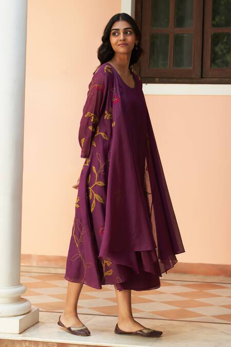Vaayu_Purple Muslin Embroidery Round Neck Jacket Style Midi Dress With Floral Applique _Online_at_Aza_Fashions