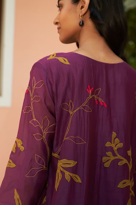 Buy_Vaayu_Purple Muslin Embroidery Round Neck Jacket Style Midi Dress With Floral Applique _Online_at_Aza_Fashions