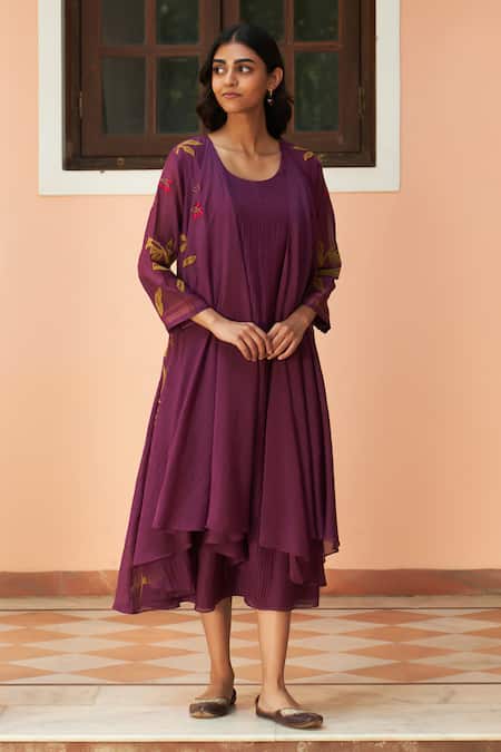 Shop_Vaayu_Purple Muslin Embroidery Round Neck Jacket Style Midi Dress With Floral Applique _Online_at_Aza_Fashions