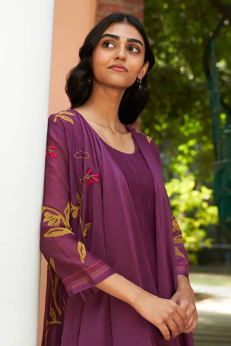 Vaayu_Purple Muslin Embroidery Round Neck Jacket Style Midi Dress With Floral Applique _at_Aza_Fashions