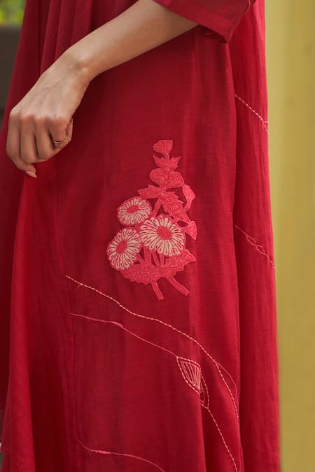 Shop_Vaayu_Red Muslin Embroidery Round Neck Crimson Linear Midi Dress_Online_at_Aza_Fashions
