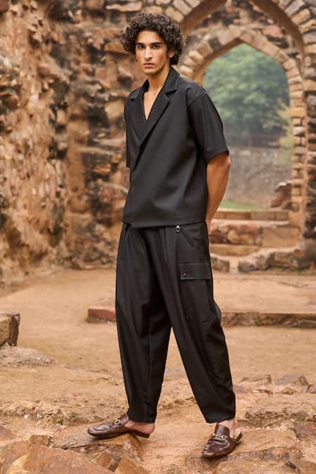 Dash And Dot_Black Polyester, Viscose, Spandex Solid Blazer Style Shirt _Online_at_Aza_Fashions