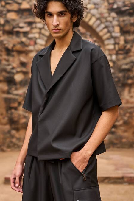 Dash And Dot_Black Polyester, Viscose, Spandex Solid Blazer Style Shirt And Pant Set _at_Aza_Fashions