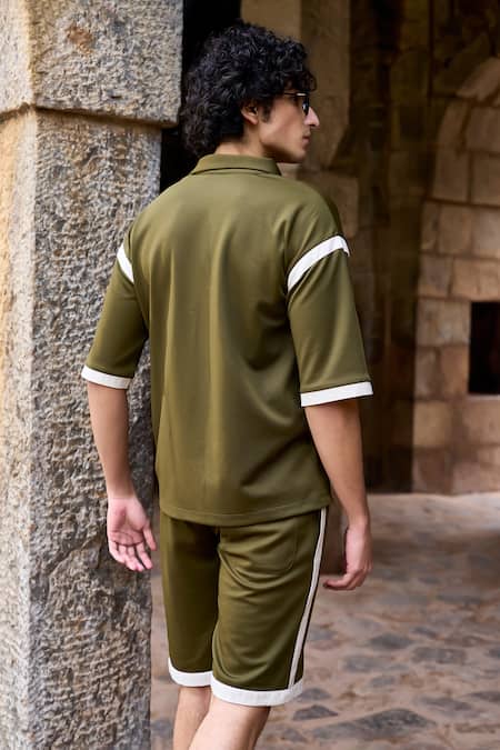 Shop Dash And Dot Green Cotton, Polyester Olive Contrast Stripe Panel Shirt at Aza Fashions Shop_Dash And Dot_Green Cotton, Polyester Olive Contrast Stripe Panel Shirt _at_Aza_Fashions