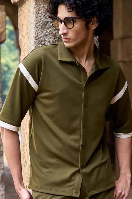 Dash And Dot Green Cotton, Polyester Olive Contrast Stripe Panel Shirt Online at Aza Fashions Dash And Dot_Green Cotton, Polyester Olive Contrast Stripe Panel Shirt _Online_at_Aza_Fashions