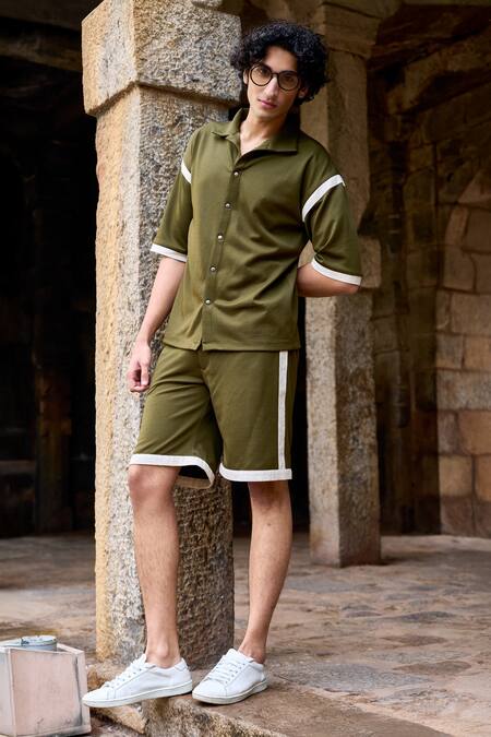 Shop Dash And Dot Green Cotton, Polyester Olive Contrast Stripe Panel Shirt Online at Aza Fashions Shop_Dash And Dot_Green Cotton, Polyester Olive Contrast Stripe Panel Shirt _Online_at_Aza_Fashions