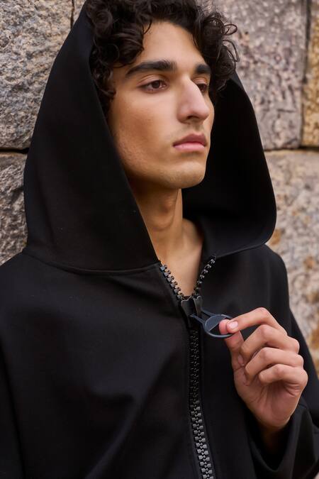 Shop_Dash And Dot_Black Viscose, Polyester, Spandex Solid Long Hoodie _Online_at_Aza_Fashions