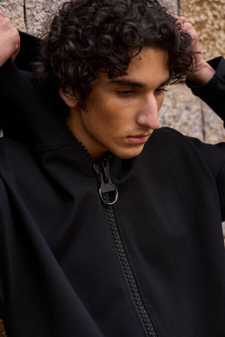 Dash And Dot_Black Viscose, Polyester, Spandex Solid Long Hoodie _at_Aza_Fashions