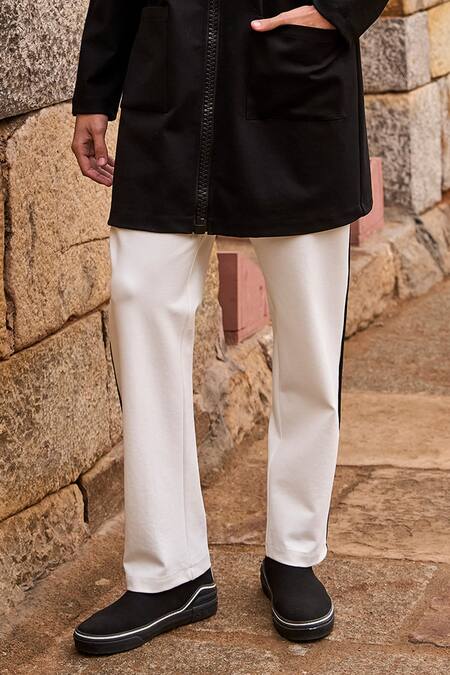 Dash And Dot_White Cotton, Viscose, Polyester, Black Solid Hoodie And Contrast Pant Set _Online_at_Aza_Fashions