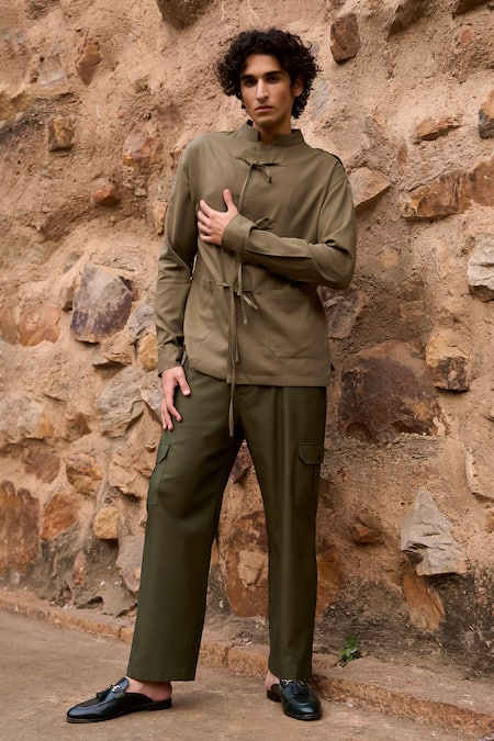 Dash And Dot_Green Cotton, Viscose Olive Solid Front Tie Shirt _Online_at_Aza_Fashions
