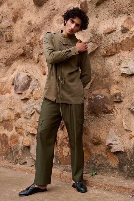 Buy_Dash And Dot_Green Cotton, Viscose Olive Solid Front Tie Shirt _Online_at_Aza_Fashions