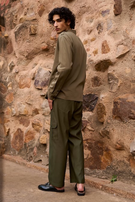 Shop_Dash And Dot_Green Cotton, Viscose, Spandex Solid Front Tie Shirt And Cargo Pant Set _at_Aza_Fashions